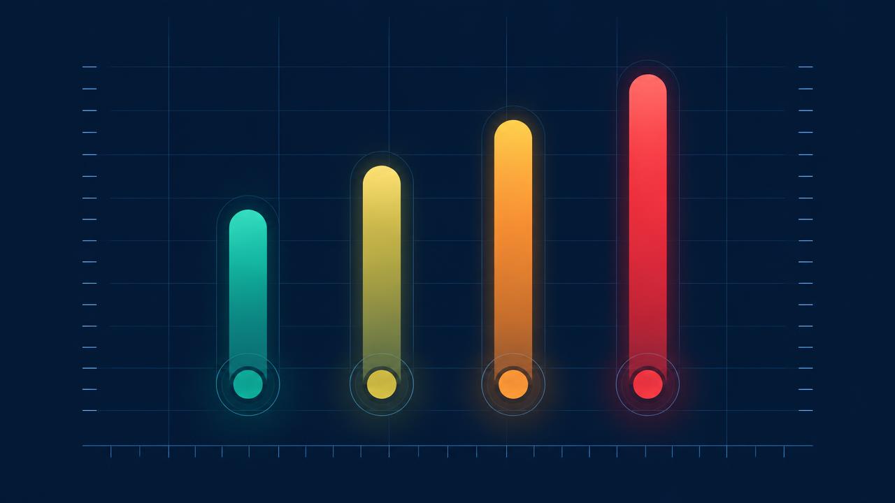 Quatre indicateurs verticaux gradués du vert au rouge sur fond sombre, illustrant l'échelle des codes CRM RG0 à RG3
