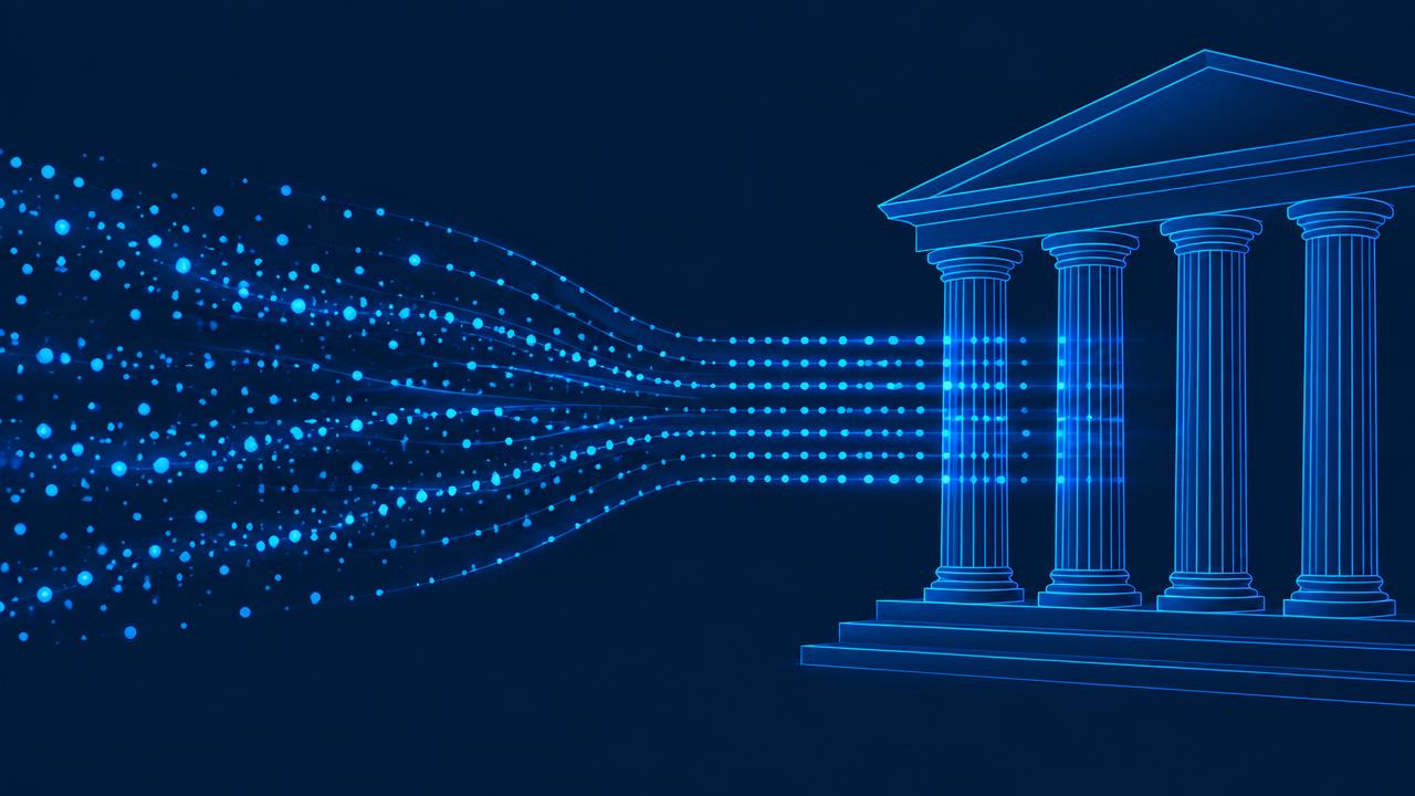 Flux de points lumineux convergant vers des colonnes institutionnelles en fil de fer bleu, illustrant la DSN de la fonction publique