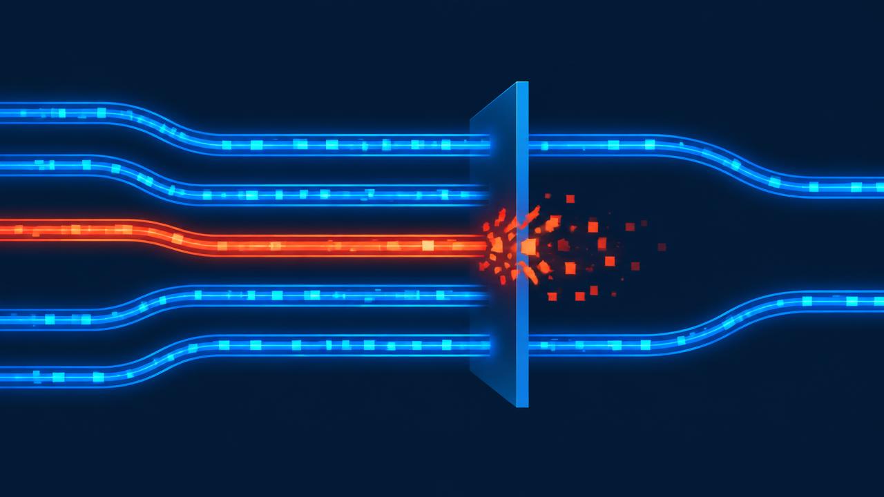 Flux de données DSN traversant un contrôle, dont un flux interrompu et fragmenté en rouge, illustrant un rejet