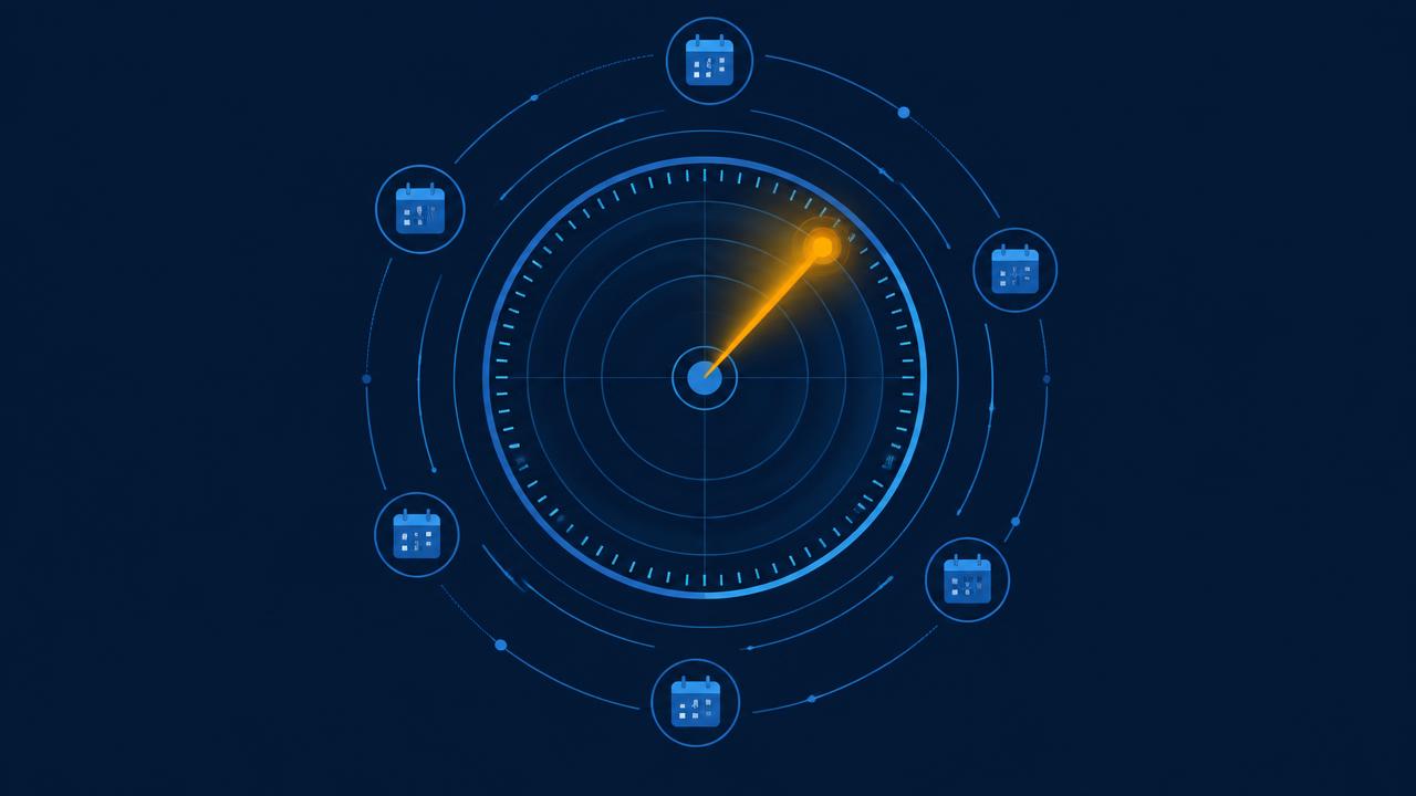 Cadran circulaire émettant un signal ambré, entouré de segments de calendrier, illustrant le signalement événementiel SADV